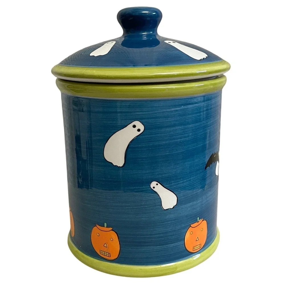 Vtg Y2K Hausenware Halloween Cookie Jar Canister Ghost Bat Pumpkin Blue Green